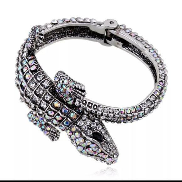 Silver titanium irridescent crystal alligator crocodile goth chic bracelet new - Picture 2 of 5